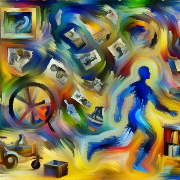 Abstract expressionistisch kunstwerk waarin een figuur met energie door herinneringen rummelt, omgeven door een chaotische swirl van kleuren en vormen.