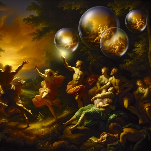 Zoete herinneringen in barokstijl: aangename nostalgie en tedere momenten Barokke scène met vrolijke figuren die onder een gouden schemerlucht zoete herinneringen delen, met een gloeiende herinneringsbol en dromerige bubbels vol tedere momenten uit het verleden