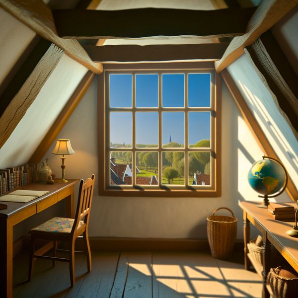 Gezellige zolderkamer studie met uitzicht Een uitnodigende zolderkamer met een studeerhoek, zichtbaar vanuit een raam met uitzicht op een schilderachtig landschap.