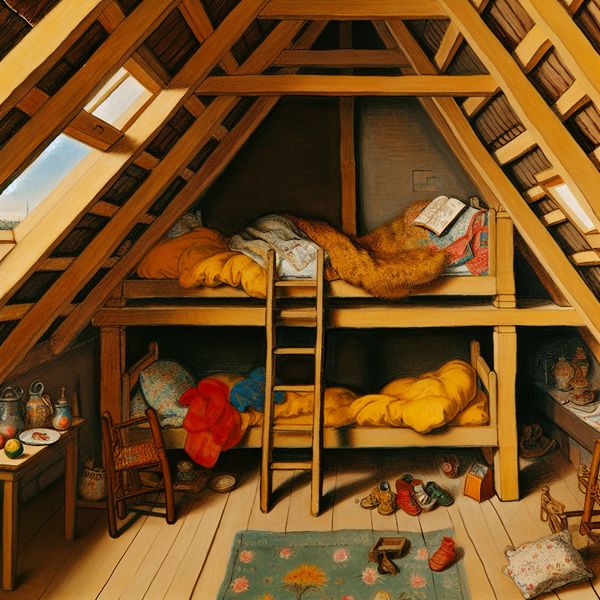 Gerenoveerde zolderverdieping als gezellige kinderkamer met houten balken, stapelbed en speelgoed in de stijl van Frans Hals