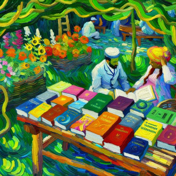 Zomerse Leeslijst Inspiratie met Boeken Een houten tafel vol met boeken in een zomerse tuin, geïnspireerd door de stijl van Vincent van Gogh.