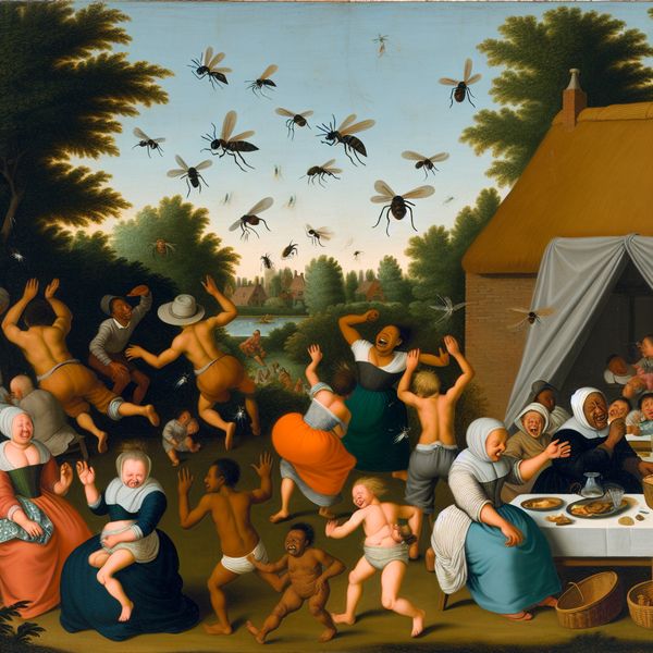 Een chaotische zomerse tuin bijeenkomst met families die proberen muggen weg te jagen, terwijl kinderen lachen en zich vermaakt in de chaos.