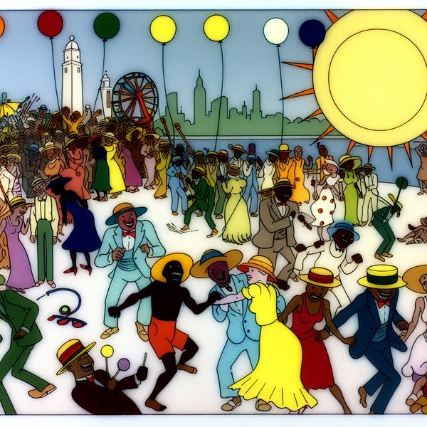 Zomerfeest in Cartoon Stijl Cartoonachtige afbeelding van een zomerfeest met mensen van verschillende leeftijden die genieten van het warme weer, versierd met ballonnen en kleurrijke decoraties.