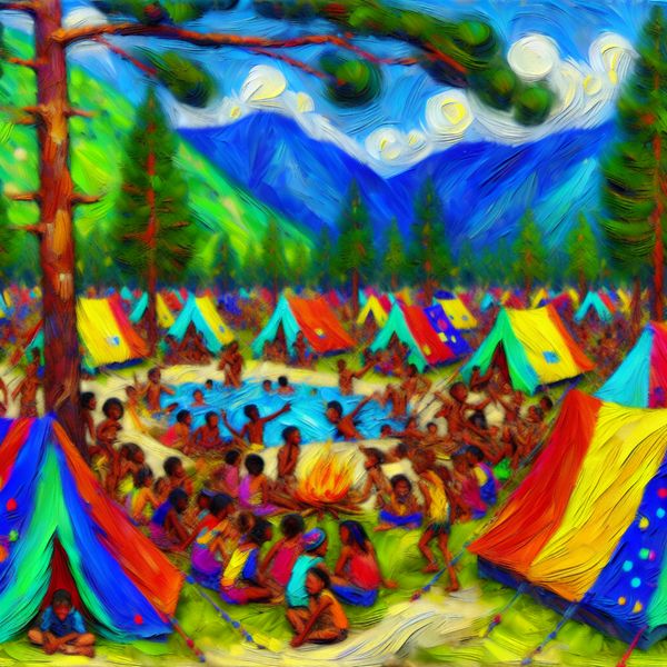 Zomerkamp voor Kinderen in de Bergen Levendig zomerkamp met kleurrijke kindertenten in de bergen, kinderen spelen en genieten van buitenactiviteiten.