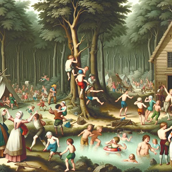 Zomerkamp voor Kinderen in de Natuur Kinderen genieten van een zomerkamp in de natuur met een houten cabine en activiteiten zoals klimmen en zwemmen.