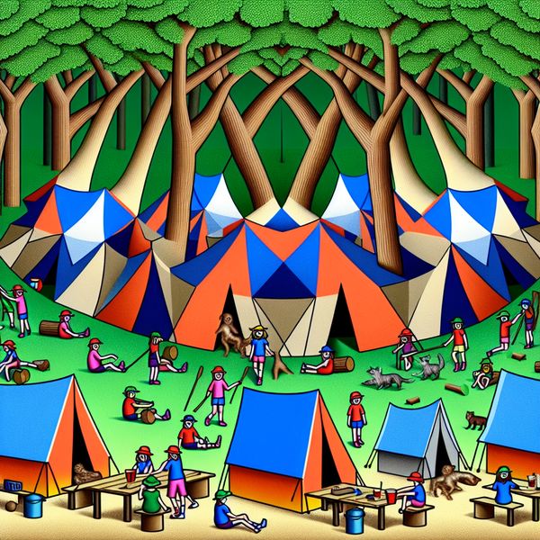 Overlevingstechnieken leren in een surrealistisch zomerkamp Groep kinderen leert over overlevingstechnieken in een surrealistisch bos met boeiende geometrische vormen.