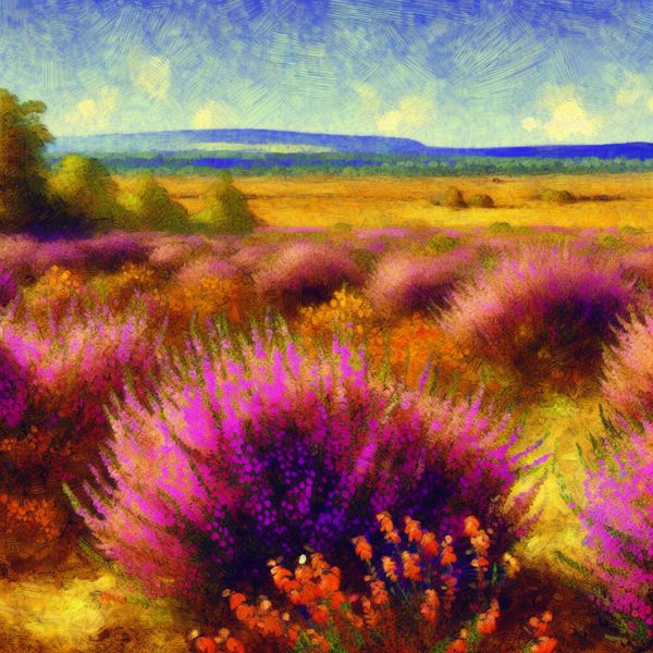 Zomerlandschap met bloeiende heideplanten Zomerlandschap met bloeiende heideplanten in paarse en roze kleuren onder warm zonlicht.