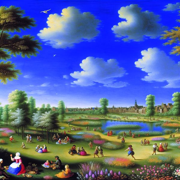Een zomers landschap met bloeiende bloemen en bomen onder een heldere blauwe lucht, met genietende gezinnen en spelende kinderen.
