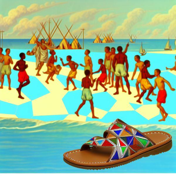 Vrolijke zomersandalen in een speelse strandomgeving Kleurrijke zomersandalen op een zonnig strand met kinderen die spelen, opvallende geometrische patronen en comfortabele leren banden.