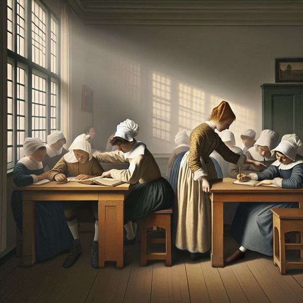 Zomerschool leren: persoonlijke begeleiding in historische klas tijdens vakantie Stille zomervakantie-les in historische stijl: leerlingen krijgen persoonlijke begeleiding van een docent in een rustige klas