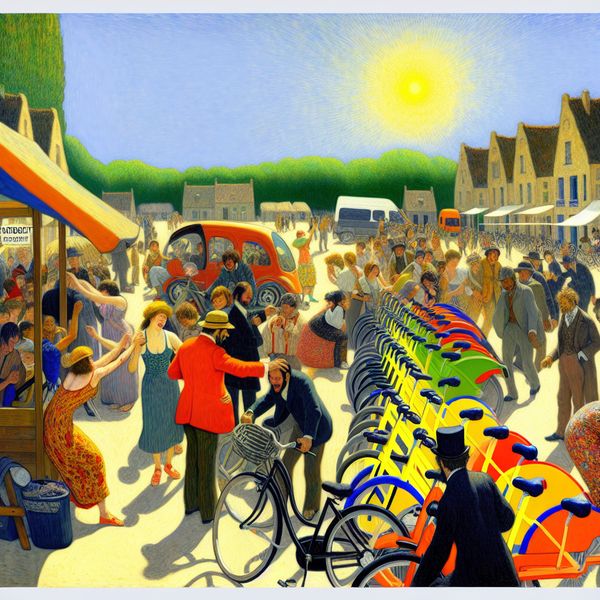 Vrolijke zomerse scene van fiets- en autohuur Een drukke zomerse scène bij een huurstation, waar mensen gelukkig fietsen en auto's huren.