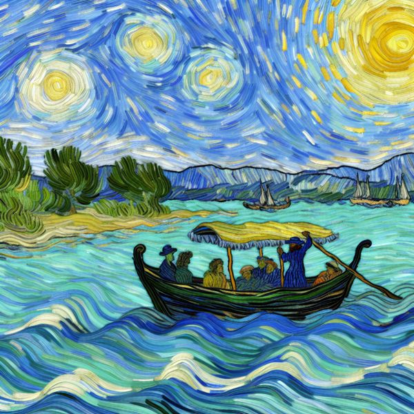 Kleine boot met mensen die genieten van een zomerse vaartocht op een rustig meer in Van Gogh-stijl
