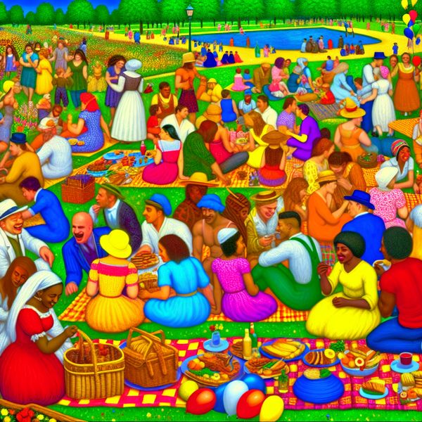 Zomerse viering met vrienden in het park Een levendig zomerevenement in een park met mensen die genieten van een feest, kleurrijke picknickdekens en spelende kinderen.