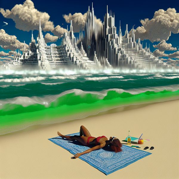 Een persoon ligt op een strandhanddoek aan de kust, met golven die zachtjes de oever kussen en een surrealistisch architectuur in de achtergrond.