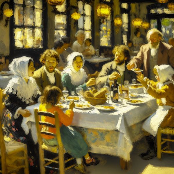 Gezellige familie aan lange tafel in zonnig restaurant op zondagmiddag, met levendige gesprekken en heerlijk eten in de stijl van Frans Hals