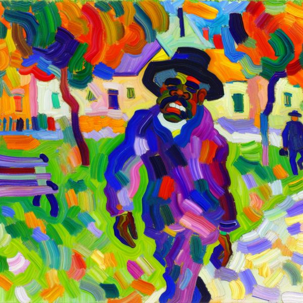 Abstract schilderij van een oudere man die op een zonnige zondagochtend door een kleurrijk park wandelt, in de expressieve stijl van Karel Appel