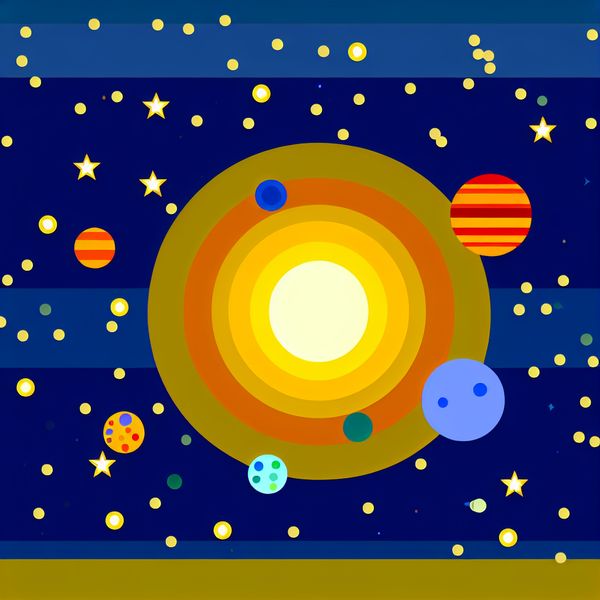Vibrante illustratie van een zonnestelsel met kleurrijke planeten Minimalistische illustratie van een zonnestelsel met een helder stralende zon en kleurrijke planeten die eromheen draaien, in een cartoonachtige stijl.
