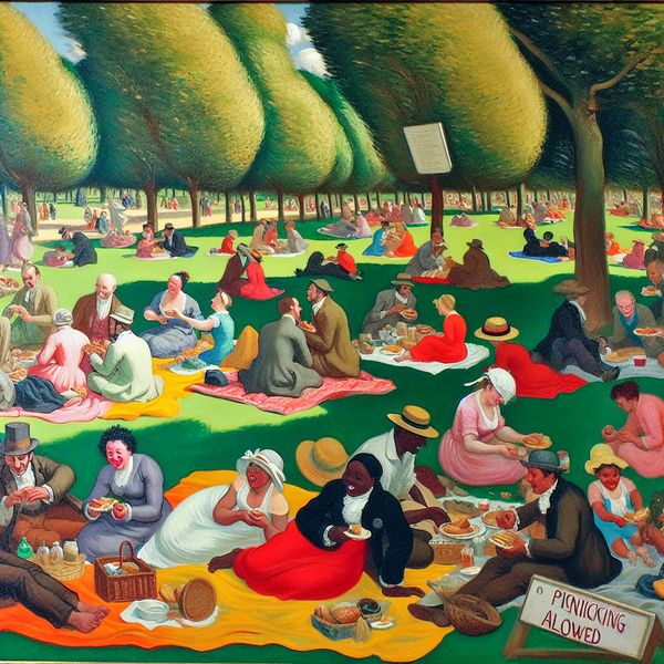 Een zonnig park vol mensen die van een picknick genieten, met een diverse groep op kleurrijke dekens en enkele bomen op de achtergrond.