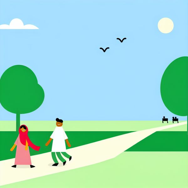 Minimalistische illustratie van een zonnige dag in een park met een stel dat een wandeling maakt