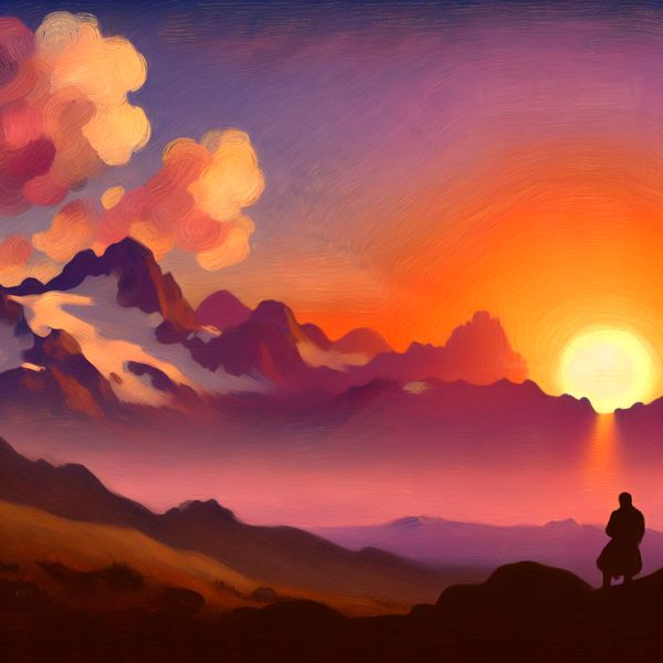 Zonsondergang achter bergen met silhouet van een persoon Een kleurrijke zonsondergang met de zon achter majestueuze bergen en een silhouet van een kijkende figuur.