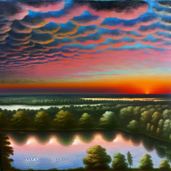 Adembenemende zonsondergang boven een kalm meer Een serene landschap met een kleurrijke zonsondergang en een reflecterende meer.