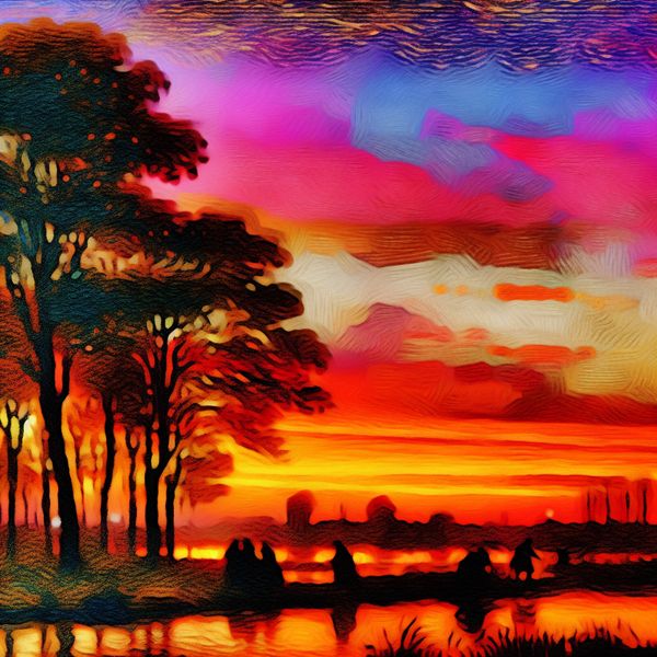 Een levendige zonsondergang met kleurrijke lucht boven een kalm meer, silhouetten van bomen op de achtergrond en vrolijke mensen die genieten van het landschap.