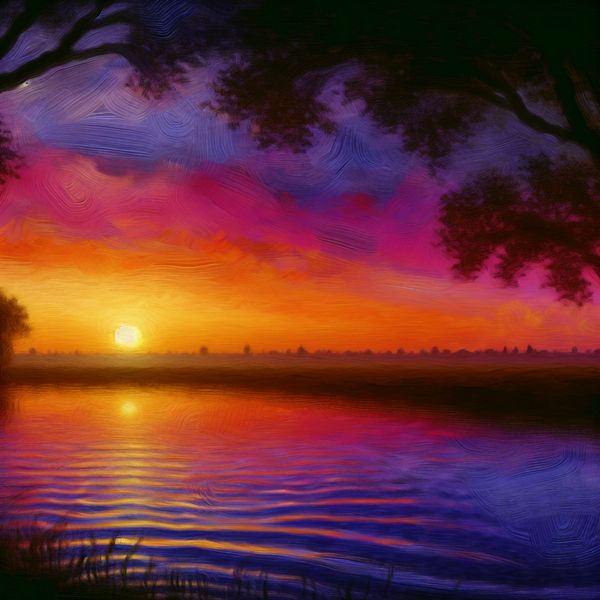 Adembenemende zonsondergang met serene schoonheid Prachtige zonsondergang met een warm kleurenpalet van oranje, roze en paars, geflankeerd door silhouetten van bomen boven een kalm wateroppervlak.