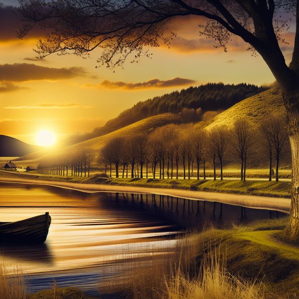 Zonsondergang boven een Rustig Meer met Bootje Landschap met een zonsondergang boven een rustig meer, met een klein bootje aan de oever.
