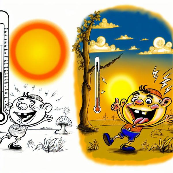 Zonsondergang met dalende temperatuur en vrolijke personages Een cartoonachtige scène van een zonsondergang met een thermometer die een dalende temperatuur toont, met een vrolijke figuur en een vermoeide batterij.