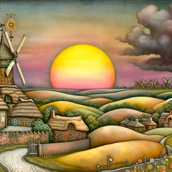 Dorpsgezicht bij zonsondergang met windwijzer die het westen aangeeft, in sprookjesachtige stijl