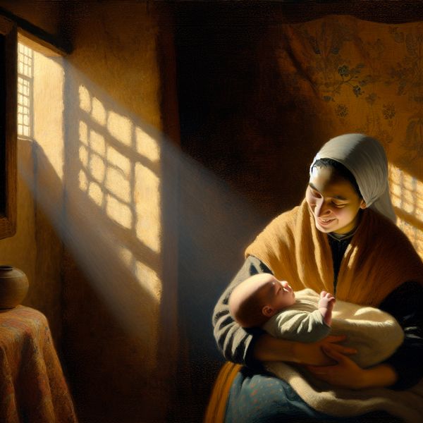 Een zorgzame verzorger die een baby zachtjes wiegt in een sfeervol verlichte kinderkamer.