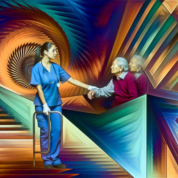 Zorgverleners in Surrealistische Begeleiding van Ouderen Een zorgzame zorgverlener helpt oudere patiënten in een surrealistische, geometrische omgeving met onmogelijke trappen en ingewikkelde patronen.