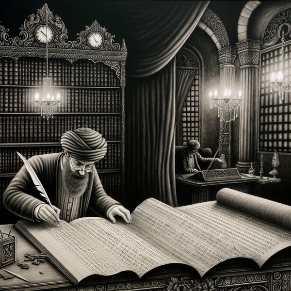 Een middelbare man als accountant controleert zorgvuldig cijfers met een ganzenveer op een groot, oud boek in een vintage kantoor.