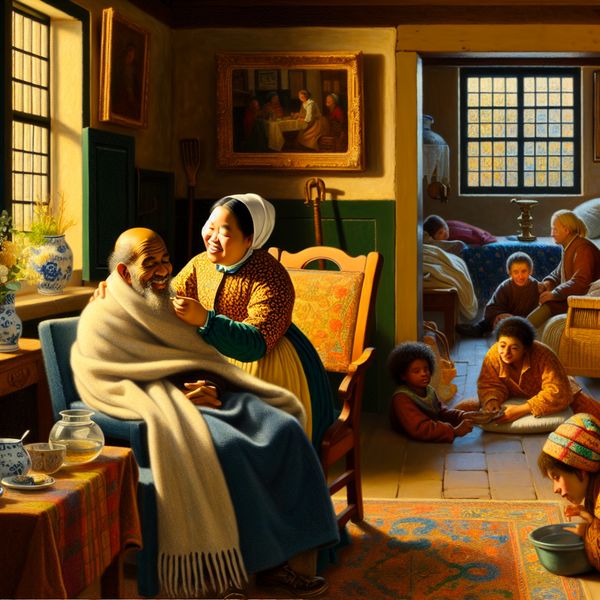 Zorgzaam tafereel in Nederlandse woonkamer Een warme en levendige woonkamer waar iemand zorg draagt voor een zieke vriend, met kinderen die spelen op de achtergrond.