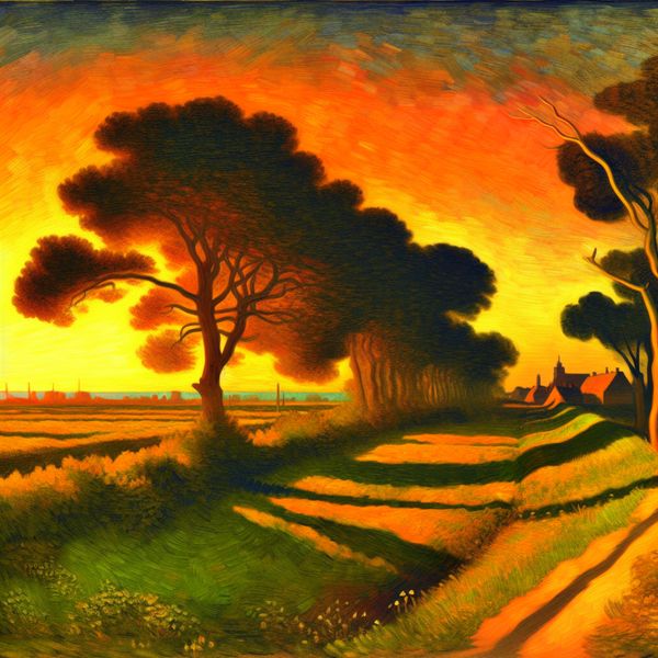 Zuidelijke Landschap met Zonsopgang geïnspireerd door Rembrandt Dramatisch landschap met uitzicht op het zuiden, inclusief een opkomende zon, groene velden, een dorp en een pad omringd door bomen.