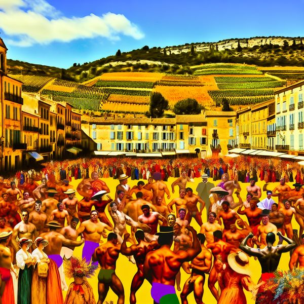 Barokke stadsplein-scène in Zuid-Frankrijk met levendige figuren, zomerse festiviteiten en mediterrane architectuur