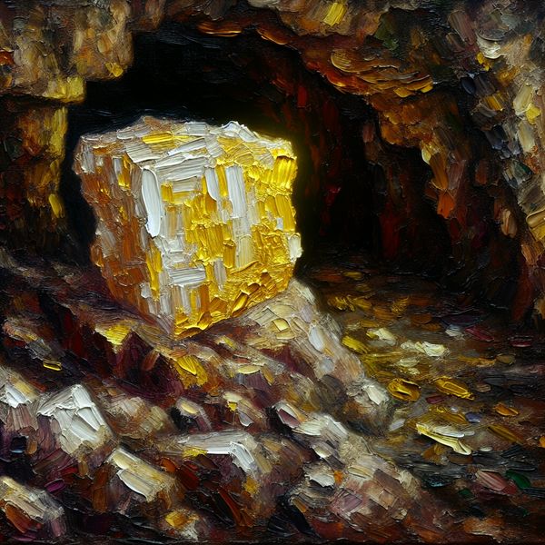 Zuiver goud in ruwe mijn - abstract expressionistische weergave van puurheid en contrast Abstract expressionistisch schilderij van een donkere mijn met een stralend stuk zuiver goud in het midden, contrasterend met ruwe omgeving