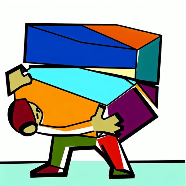 Minimalistische illustratie van een persoon die moeite heeft om een grote, zware doos op te tillen, met een gezicht dat inspanning toont