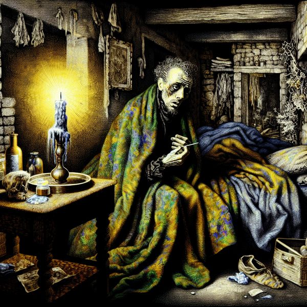 Zwak en ziekelijk persoon in gothic setting: symboliek van uitputting en kwetsbaarheid Zwakke, zieke man in donkere gothic slaapkamer met medicijnflesje en flakkerende kaars, symbolisch voor uitputting en kwetsbaarheid