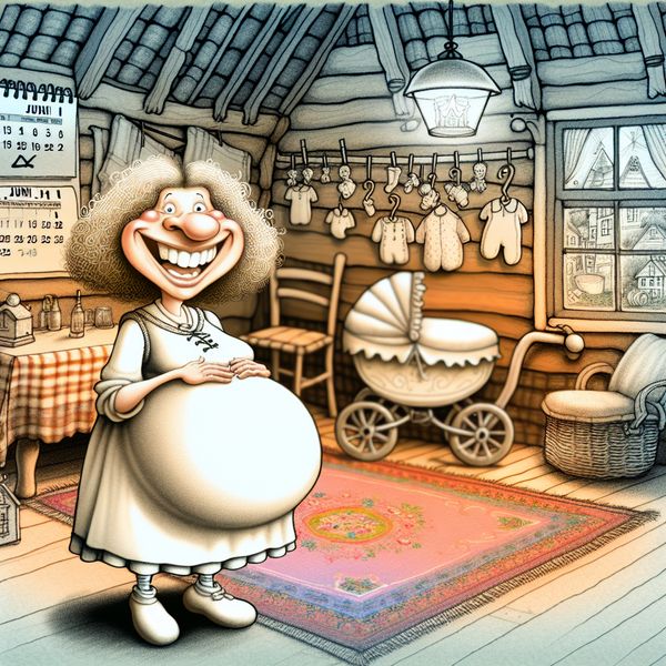 Vrolijke zwangere vrouw in een knusse Nederlandse huiskamer, liefdevol haar buik vasthoudend, met babykleding en een kinderwagen op de achtergrond