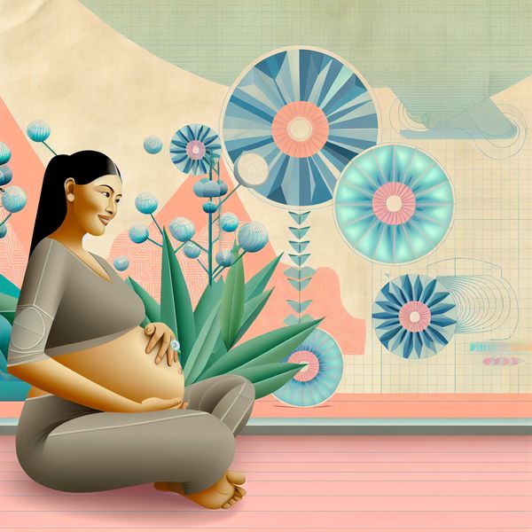 Zwangere vrouw in serene tuin: groei en ontwikkeling Een zwangere vrouw die ontspannen in een tuin zit, haar hand op haar buik, omringd door geometrische vormen en bloemen die groei symboliseren.