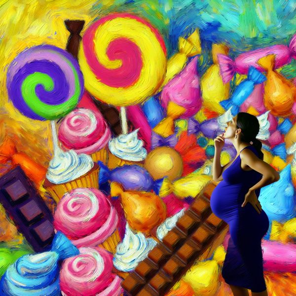 Zwangere vrouw en haar verlangen naar zoetigheid in abstracte kunst Abstracte expressieve afbeelding van een zwangere vrouw die zich uitstrekt naar een levendig snoeplandschap vol kleurrijke lekkernijen, wat haar sterke verlangen naar zoetheid symboliseert.