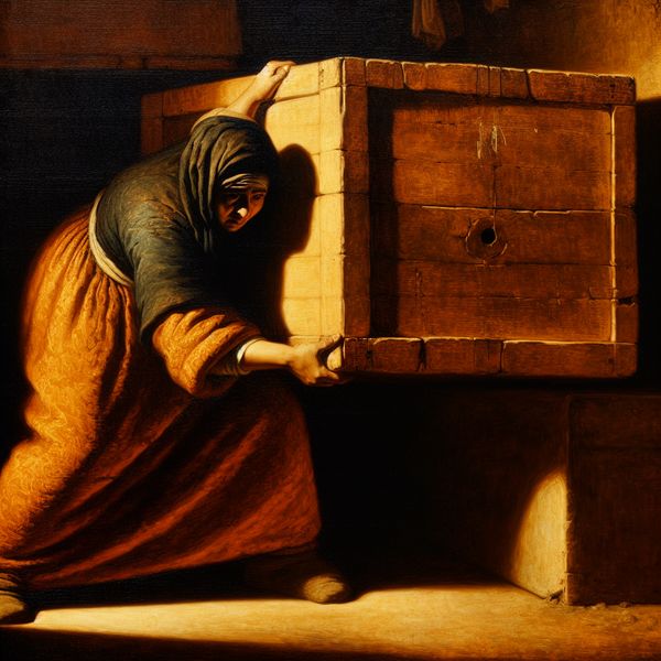 Zware kist tillen: dramatische voorstelling van gewicht en inspanning Persoon probeert een zware houten kist met metalen versterkingen op te tillen, met een dramatische belichting die de inspanning benadrukt