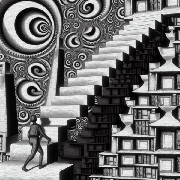 Persoon klimt een oneindige, onmogelijke trap van verhuisdozen in surrealistische Escher-stijl, symboliserend een zware klus of uitdagende taak