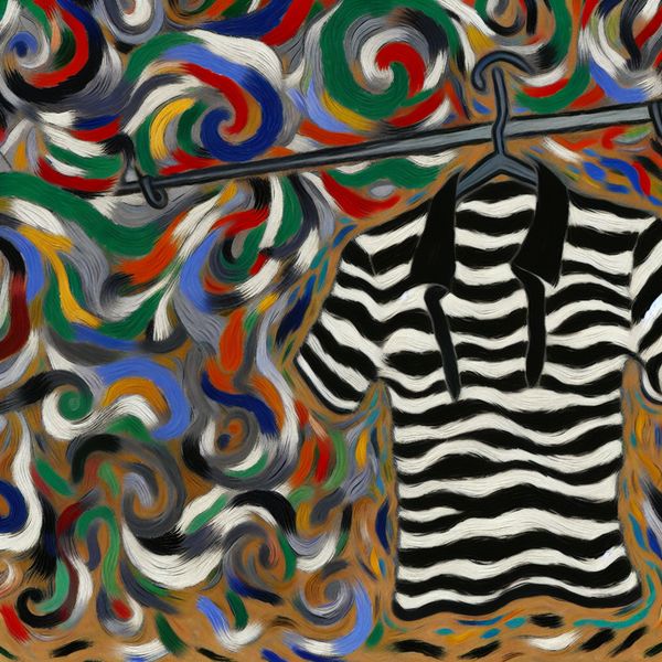Zwart-wit gestreepte shirt in abstracte expressie Abstract expressionistisch schilderij van een zwart-wit gestreepte shirt aan een waslijn in een chaotisch landschap met kleurrijke, zwervende vormen