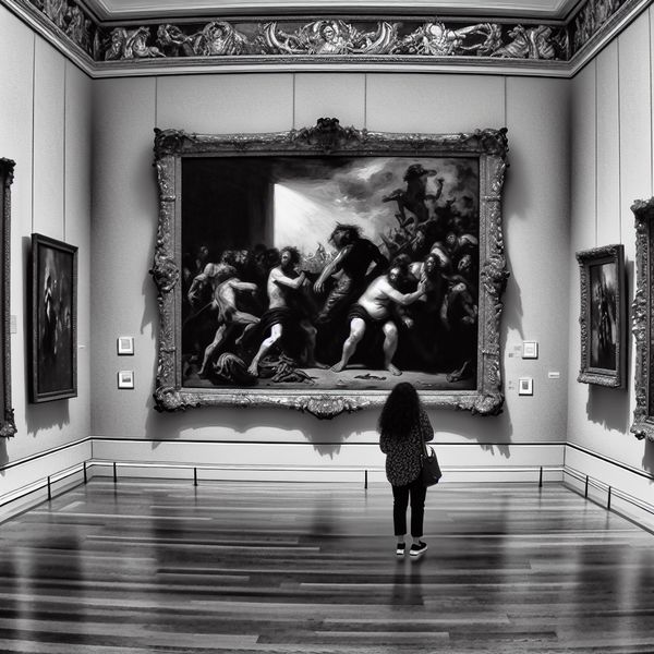 Zwart-wit kunstgalerie met schilderijen in klassieke stijl Zwart-wit kunstgalerie met een bezoeker die een groot schilderij bewondert