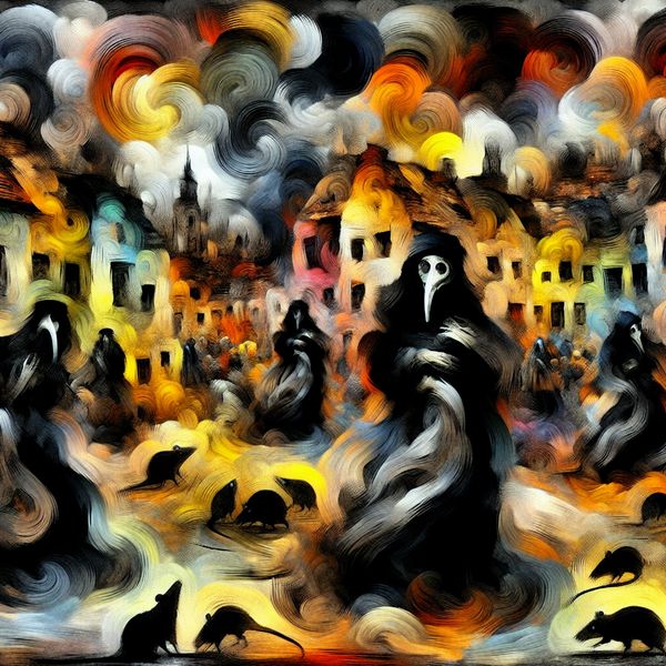 Zwarte Dood kunstwerk: abstracte weergave van middeleeuwse pestepidemie Abstract expressionistisch tafereel van de Zwarte Dood in middeleeuws Europa met chaotische figuren, pestdokters en verwoeste gebouwen