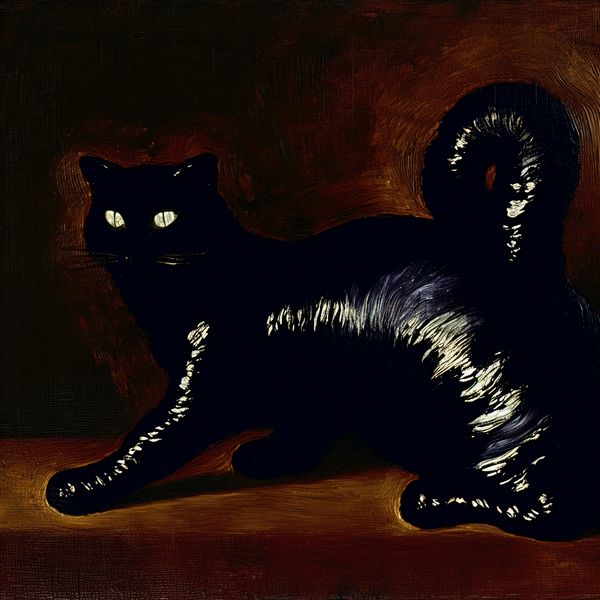 Barokke schilderij van een glanzende zwarte kat met subtiel gloeiende ogen, symbool voor de kleur zwart zoals roet of de nachtelijke hemel