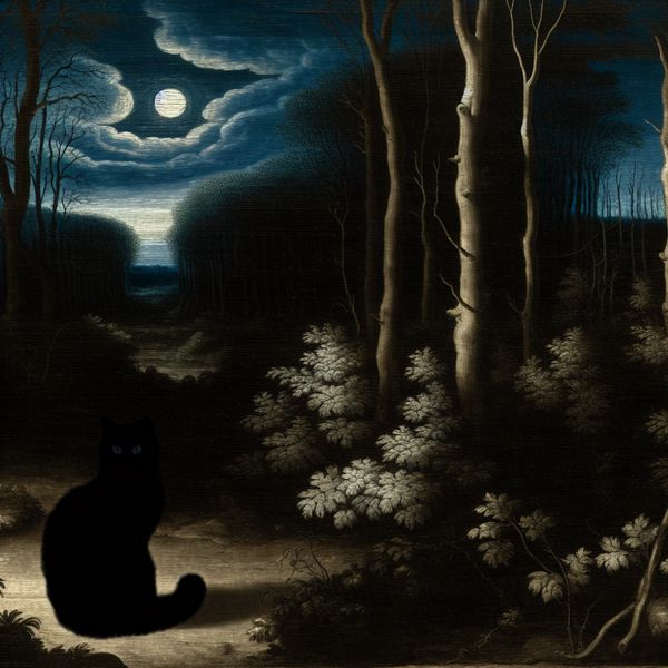 Zwarte kat in maanlichtbos: de diepste kleur zwart in de natuur Een majestueuze zwarte kat zit op een maanverlicht pad in een donker bos, omringd door dramatische wolkenluchten en subtiele maanlichtreflecties, ter illustratie van de kleur zwart