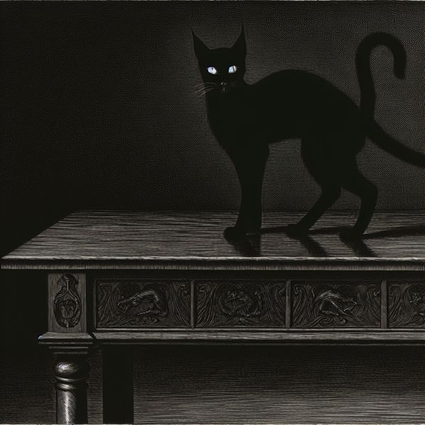Zwarte kat op tafel - locatie en positie in het Nederlands leren Zwarte kat zit dramatisch bovenop een versierd houten tafel in een gotische sfeer, illustratie van 'op de bovenkant van iets'
